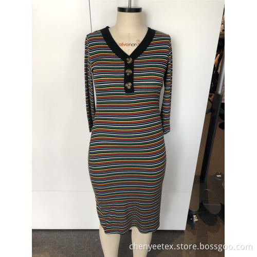 V-neck striped long knit dress